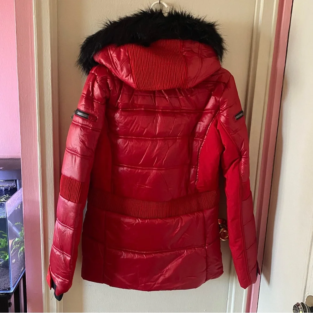 Avalanche Outdoors Supply Company Red Puffer Jacket with Black Faux Fur Trim
